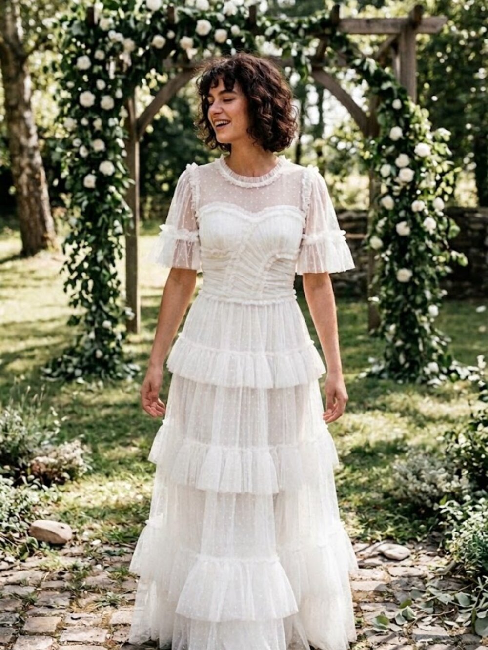 NWT Ivy City Co Whimsical Gown in White Embroidered Tulle Ruffled Maxi Dress S